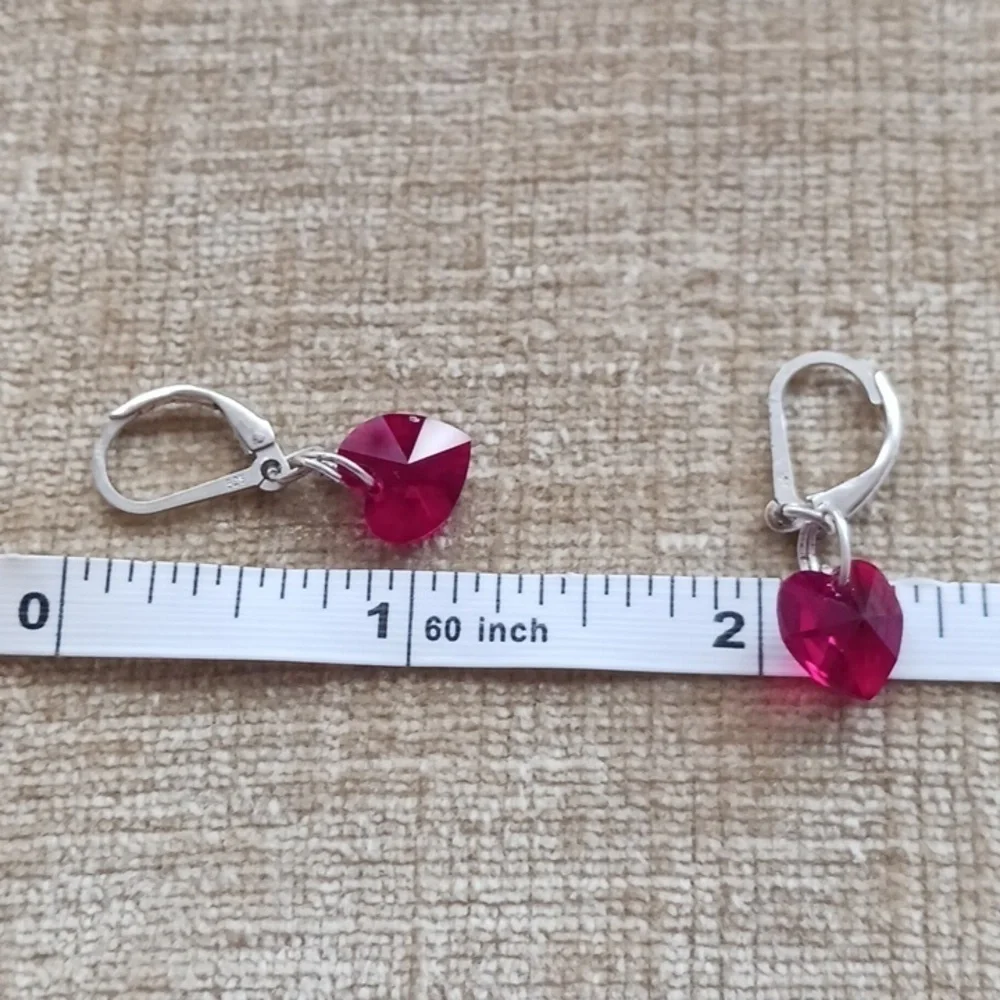Leverback Silver Red Heart Crystal Earrings